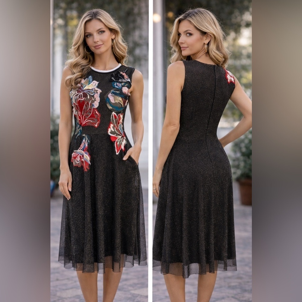 PatBO hand Embroidered mesh metallic dress size 8